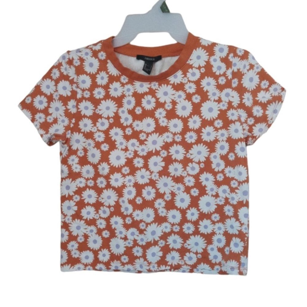 Forever 21 Floral Daisy Short Sleeve Cropped Top Crew Neck Casual Shirt Sz Large